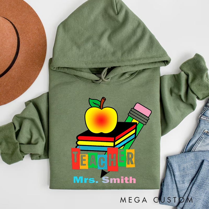 Personalized Teachers Hoodies Colorful Apple Pencil and Books Design Bright Classroom Theme Gift for Teachers