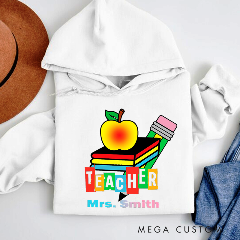 Personalized Teachers Hoodies Colorful Apple Pencil and Books Design Bright Classroom Theme Gift for Teachers