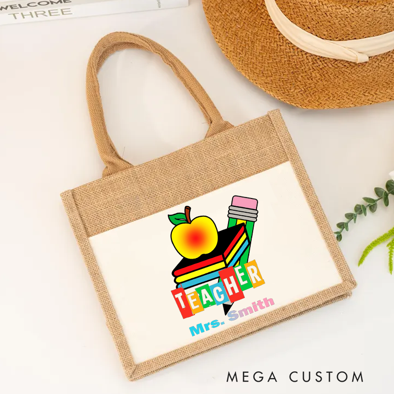 Personalized Teacher Burlap Tote Bag Colorful Apple Pencil and Books Design Bright Classroom Gift for Teachers