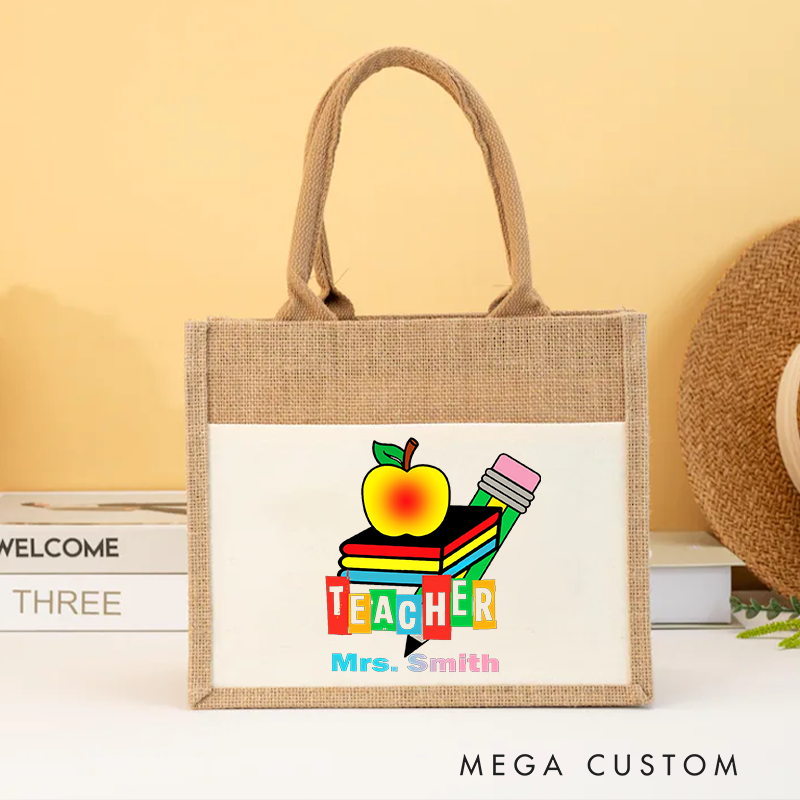 Personalized Teacher Burlap Tote Bag Colorful Apple Pencil and Books Design Bright Classroom Gift for Teachers