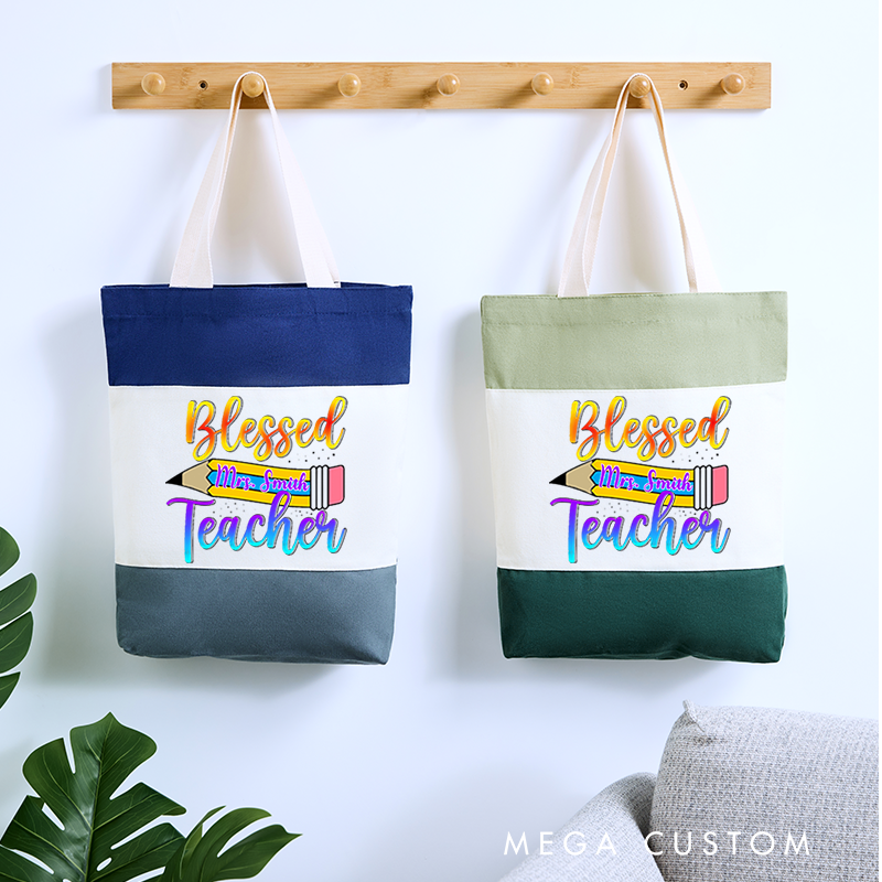 Personalized Teacher Tri Color Canvas Tote Bag Vibrant Pencil and Gradient Text Design Uplifting and Cheerful Theme Gift for Teachers