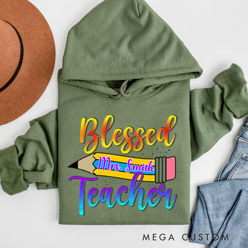 Personalized Teachers Hoodies Vibrant Pencil and Gradient Text Design Uplifting and Cheerful Theme Gift for Teachers