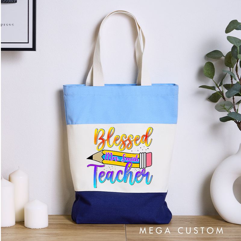 Personalized Teacher Tri Color Canvas Tote Bag Vibrant Pencil and Gradient Text Design Uplifting and Cheerful Theme Gift for Teachers