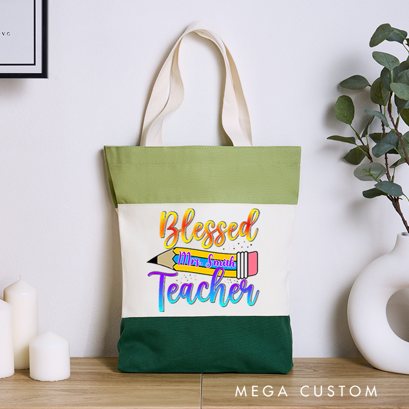 Personalized Teacher Tri Color Canvas Tote Bag Vibrant Pencil and Gradient Text Design Uplifting and Cheerful Theme Gift for Teachers