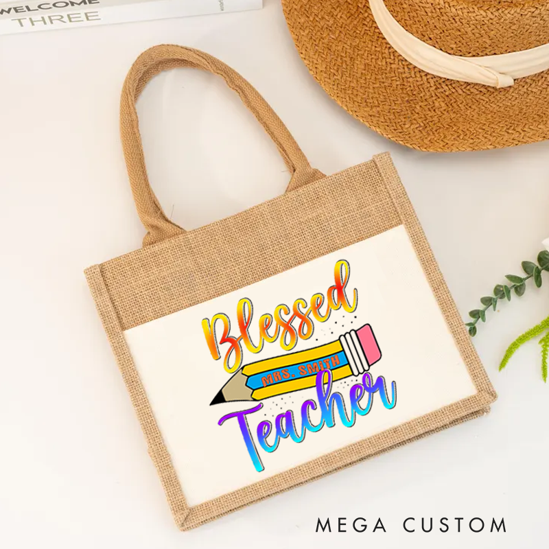 Personalized Teacher Burlap Tote Bag Vibrant Pencil and Gradient Text Design Uplifting and Cheerful Gift for Teachers