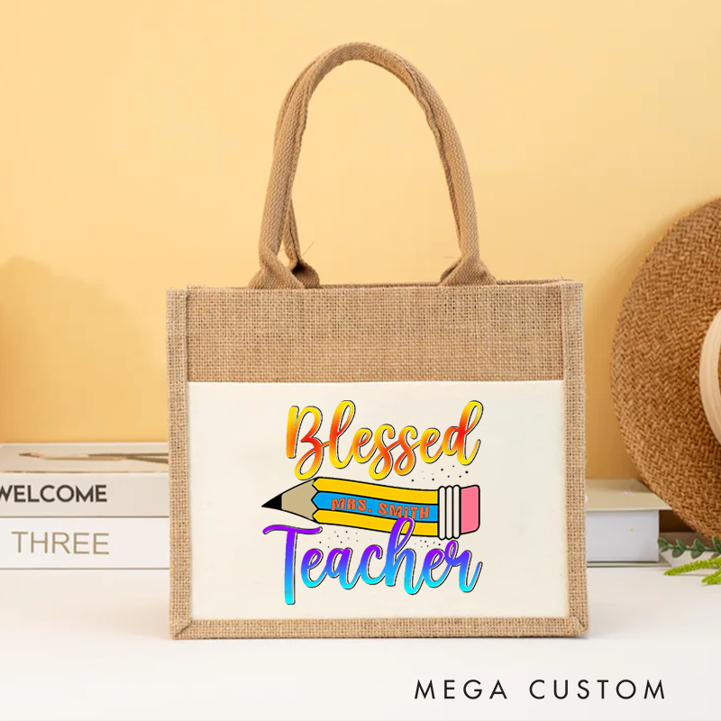 Personalized Teacher Burlap Tote Bag Vibrant Pencil and Gradient Text Design Uplifting and Cheerful Gift for Teachers