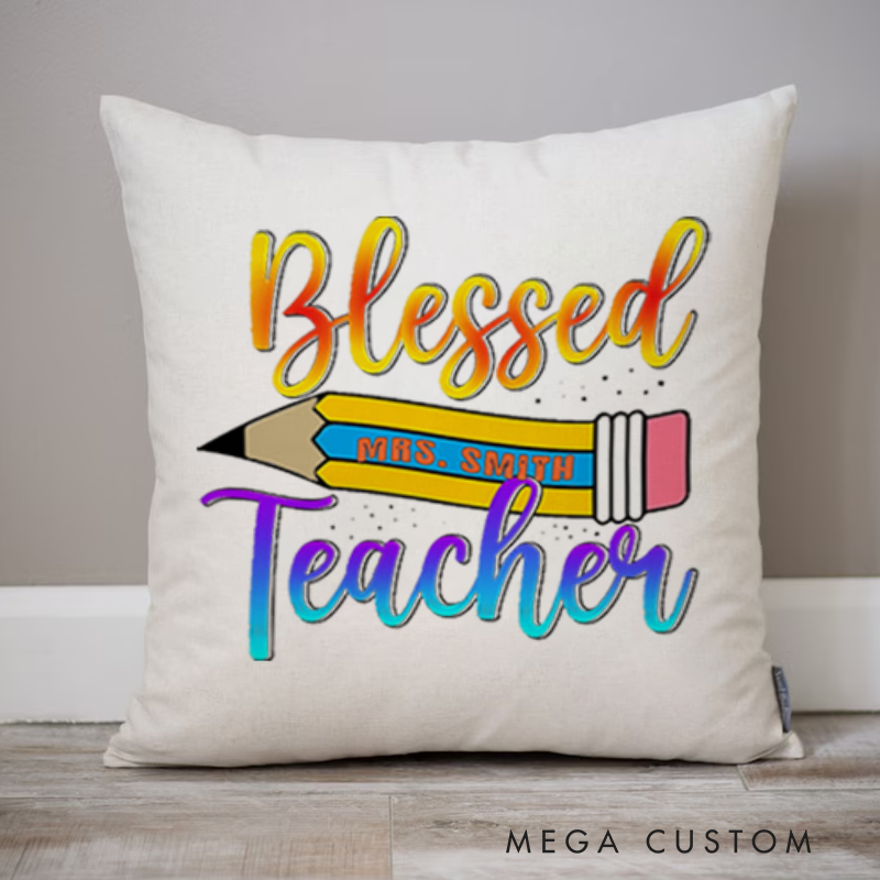Personalized Teachers Throw Pillow Vibrant Pencil and Gradient Text Design Uplifting and Cheerful Theme Gift for Teachers
