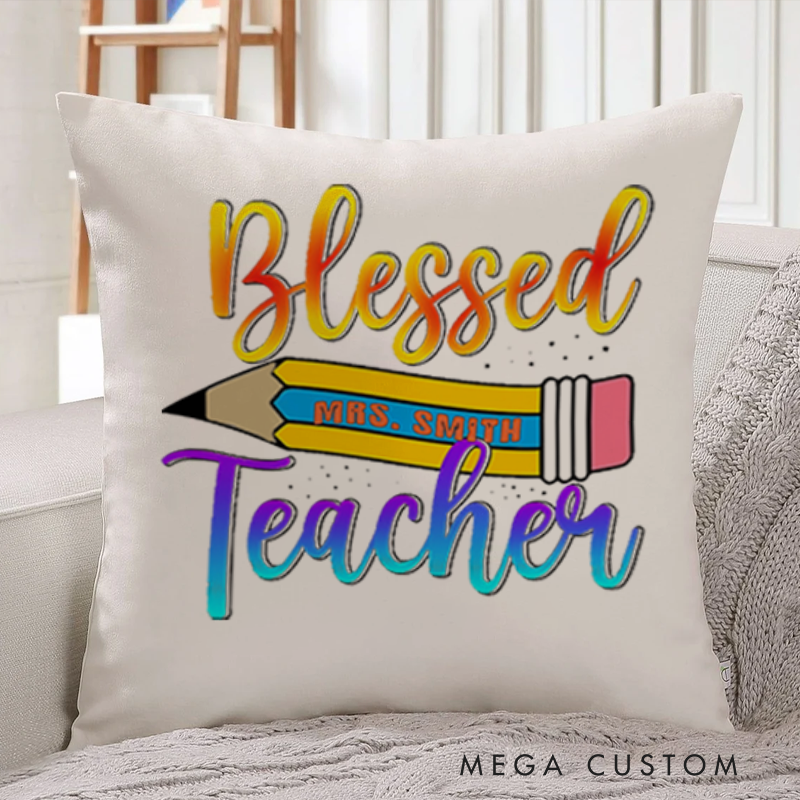 Personalized Teachers Throw Pillow Vibrant Pencil and Gradient Text Design Uplifting and Cheerful Theme Gift for Teachers