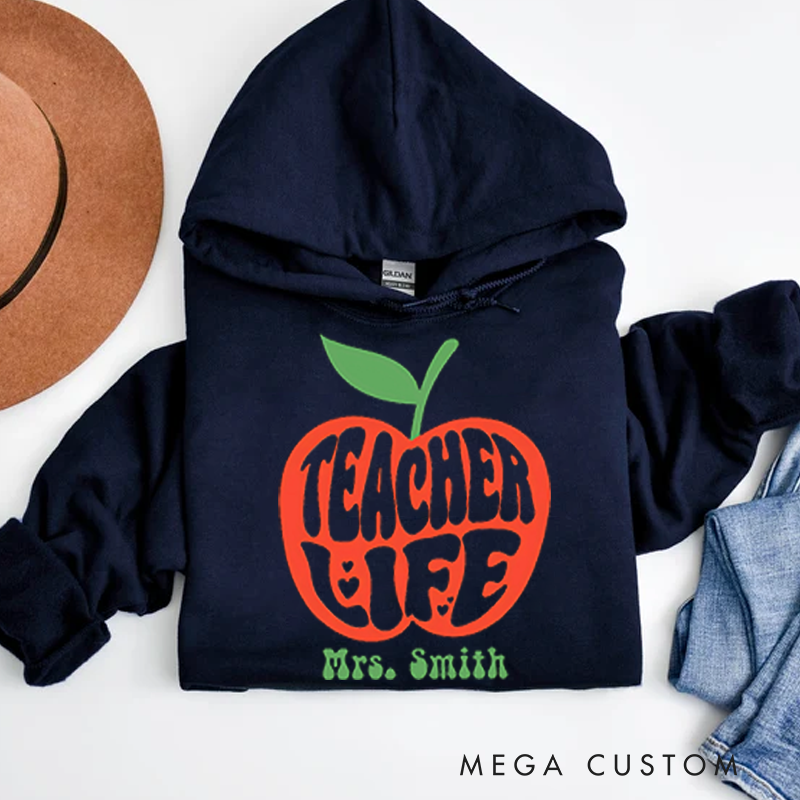 Personalized Teachers Hoodies Retro Apple Theme Bold Typography Design Whimsical and Fun Gift for Teachers