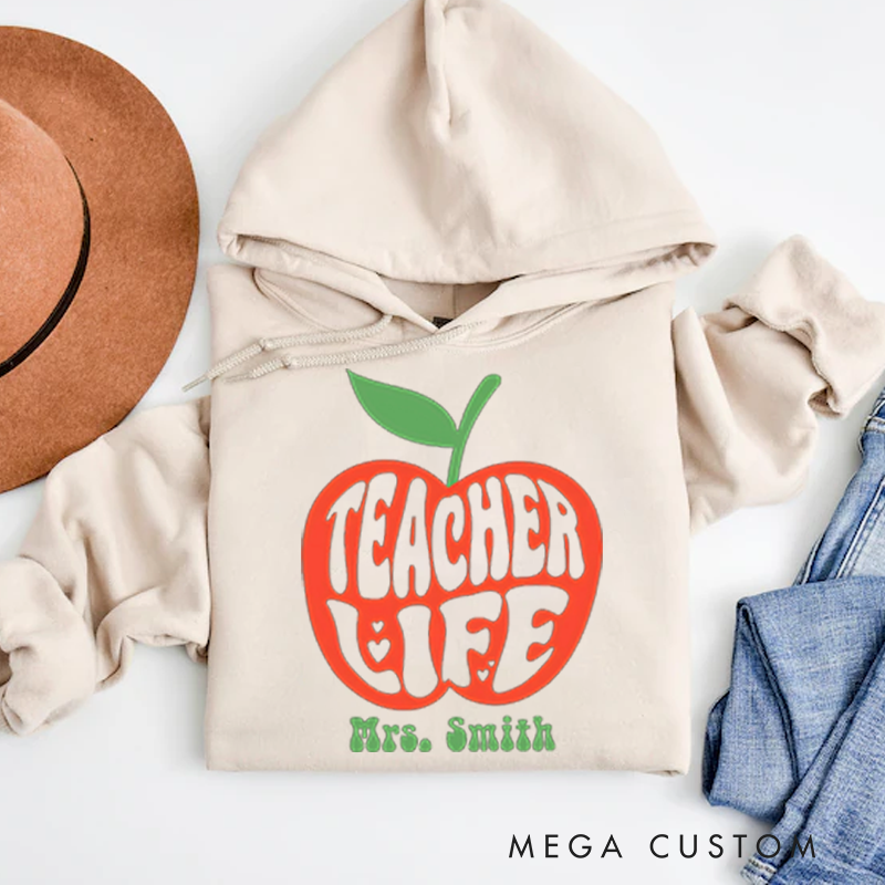 Personalized Teachers Hoodies Retro Apple Theme Bold Typography Design Whimsical and Fun Gift for Teachers