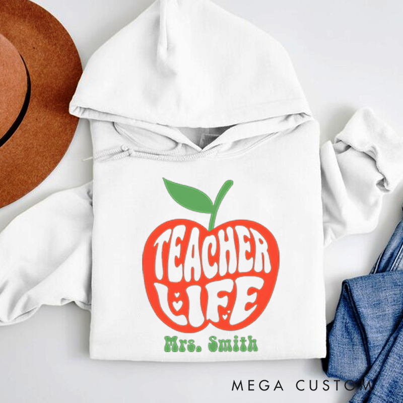 Personalized Teachers Hoodies Retro Apple Theme Bold Typography Design Whimsical and Fun Gift for Teachers