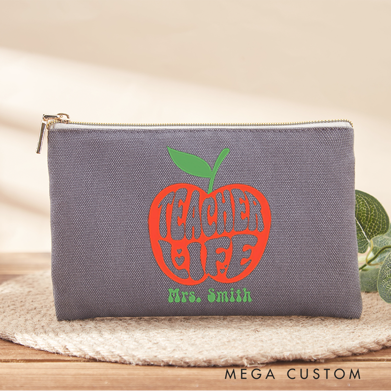 Personalized Teacher Makeup Bag Retro Apple Theme Bold Typography Design Whimsical and Fun Gift for Teachers