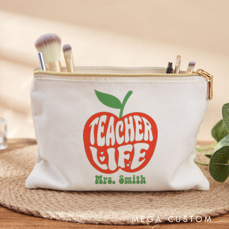Personalized Teacher Makeup Bag Retro Apple Theme Bold Typography Design Whimsical and Fun Gift for Teachers