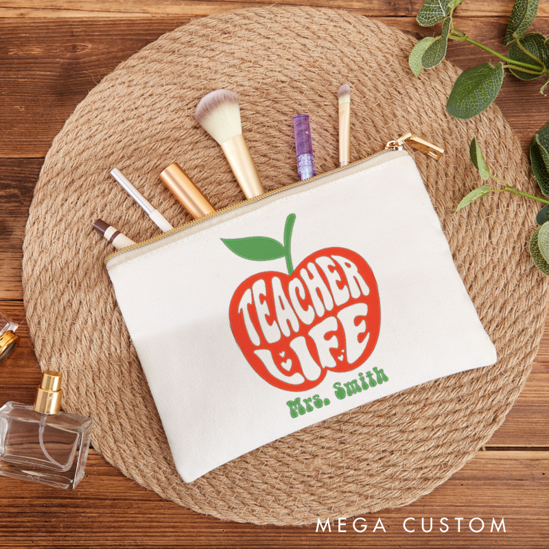 Personalized Teacher Makeup Bag Retro Apple Theme Bold Typography Design Whimsical and Fun Gift for Teachers