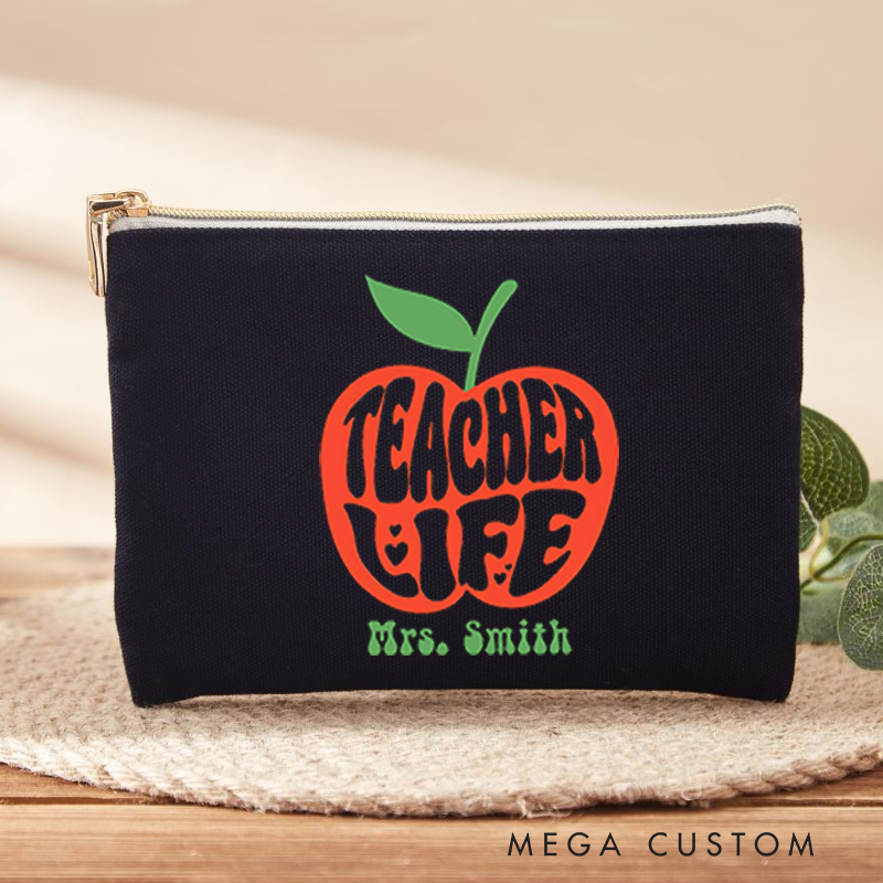 Personalized Teacher Makeup Bag Retro Apple Theme Bold Typography Design Whimsical and Fun Gift for Teachers