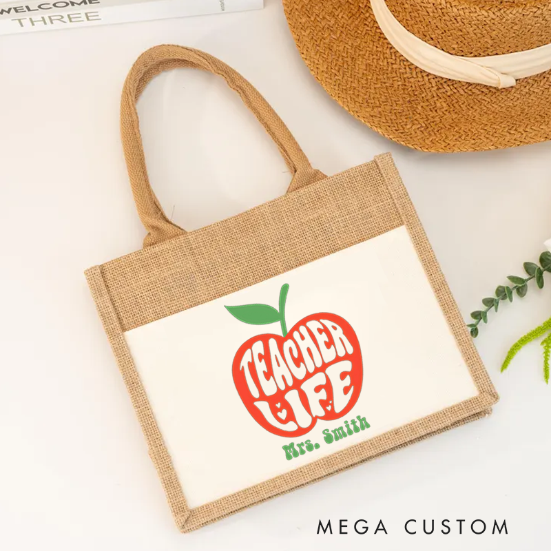 Personalized Teacher Burlap Tote Bag Retro Apple Theme Bold Typography Design Whimsical and Fun Gift for Teachers