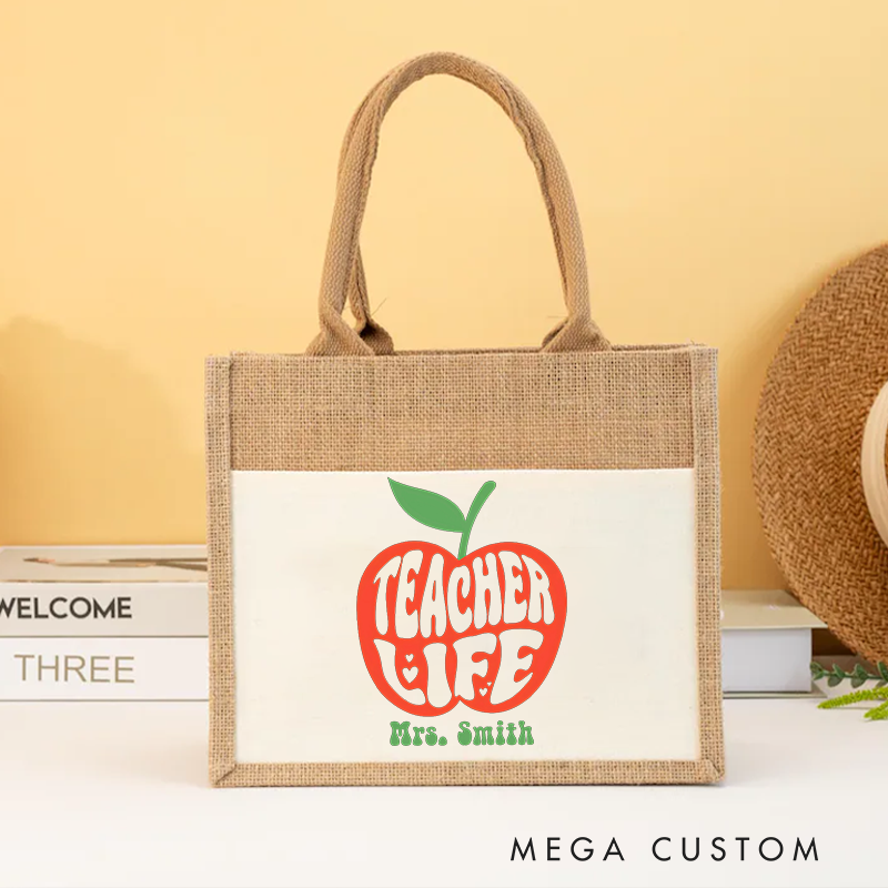 Personalized Teacher Burlap Tote Bag Retro Apple Theme Bold Typography Design Whimsical and Fun Gift for Teachers