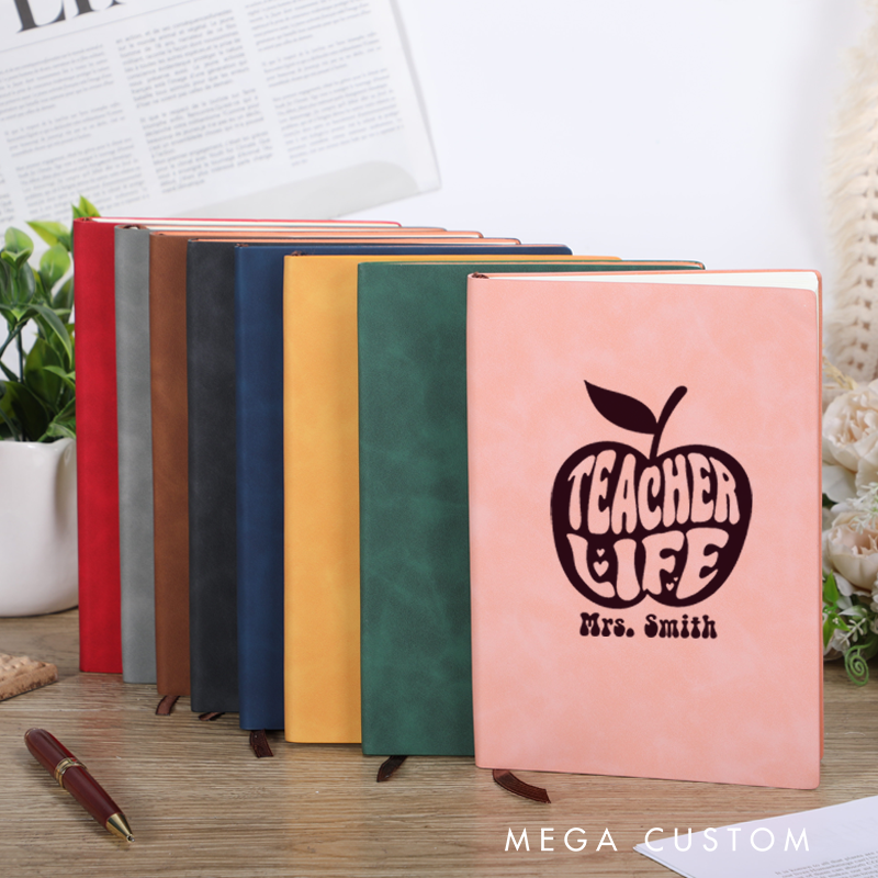 Personalized Teacher Leather Notebook Retro Apple Theme Bold Typography Design Whimsical and Fun Gift for Teachers