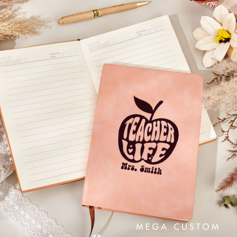 Personalized Teacher Leather Notebook Retro Apple Theme Bold Typography Design Whimsical and Fun Gift for Teachers