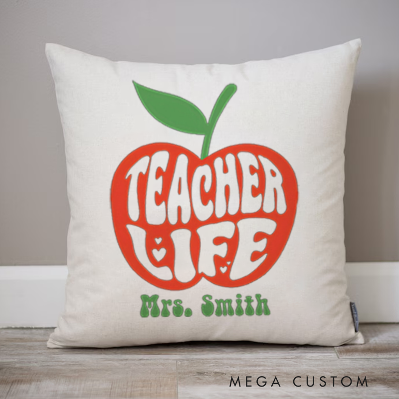 Personalized Teachers Throw Pillow Retro Apple Theme Bold Typography Design Whimsical and Fun Gift for Teachers