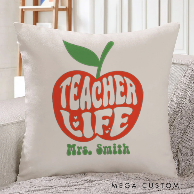 Personalized Teachers Throw Pillow Retro Apple Theme Bold Typography Design Whimsical and Fun Gift for Teachers