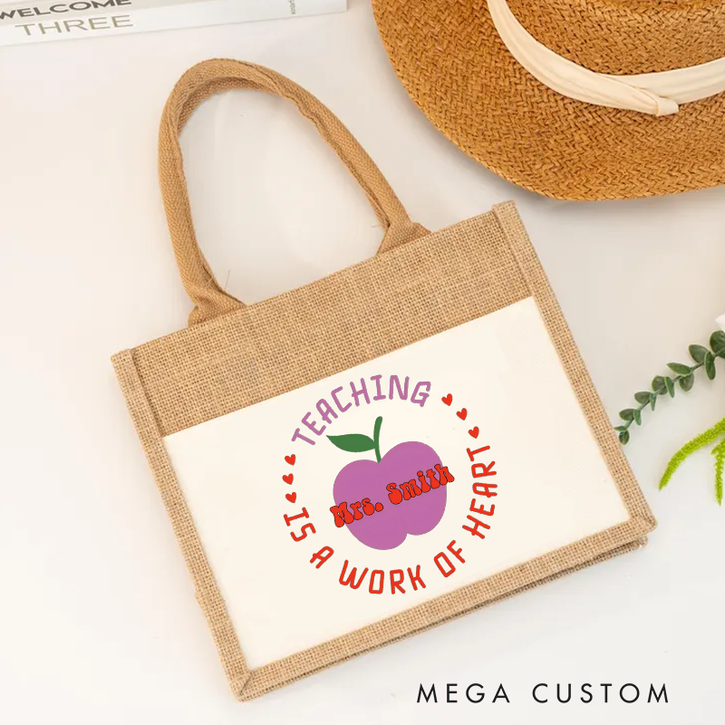 Personalized Teacher Burlap Tote Bag Teaching Is a Work of Heart Design Whimsical Apple Heart Theme Thoughtful Gift for Teachers
