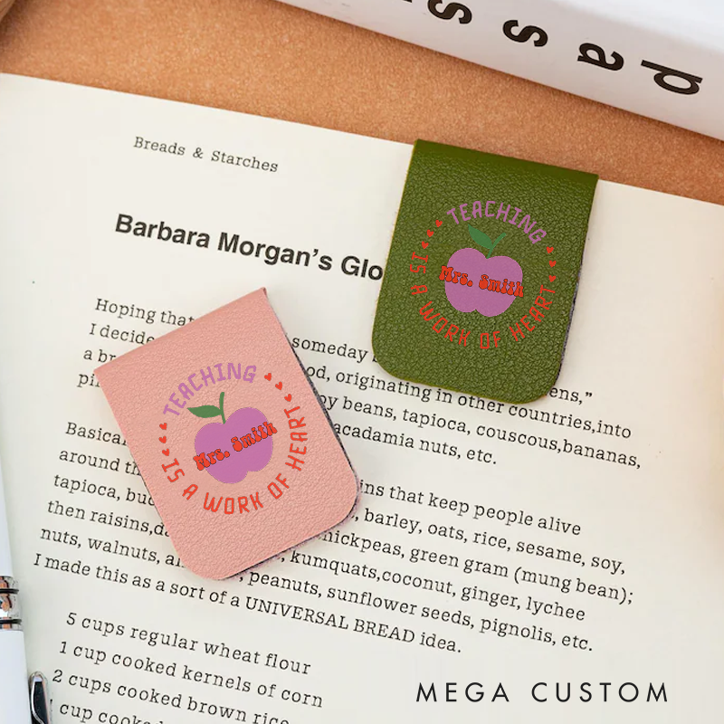 Personalized Teacher Leather Magnetic Bookmark Teaching Is a Work of Heart Design Whimsical Apple Heart Theme Thoughtful Gift for Teachers