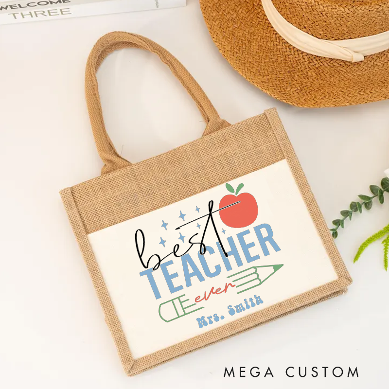 Personalized Teacher Burlap Tote Bag Best Teacher Ever Design Playful Apple Pencil Star Theme Unique Gift for Teachers