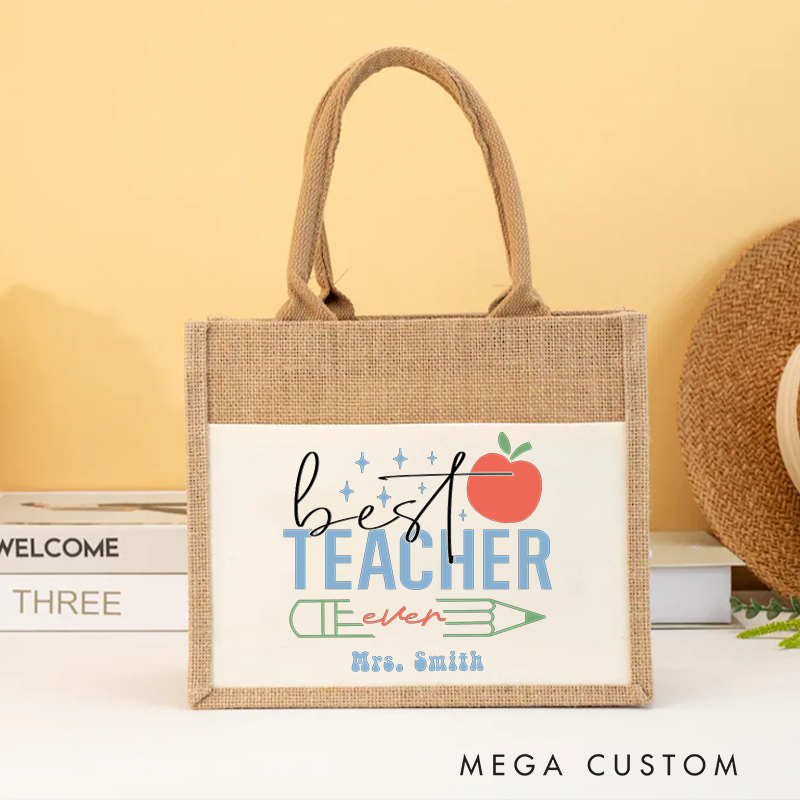 Personalized Teacher Burlap Tote Bag Best Teacher Ever Design Playful Apple Pencil Star Theme Unique Gift for Teachers