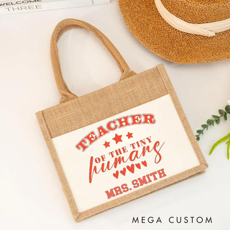 Personalized Burlap Tote Bag Teacher of the Tiny Humans Design Playful Stars Hearts Thoughtful Gift for Teachers
