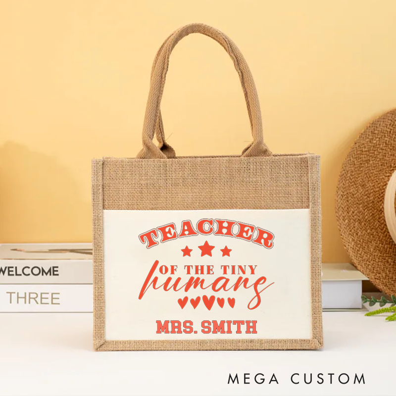 Personalized Burlap Tote Bag Teacher of The Tiny Humans Design Playful Stars Hearts Thoughtful Gift for Teachers
