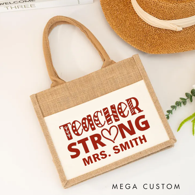 Personalized Burlap Tote Bag Teacher Strong Design Bold Heart and Patterned Inspiring Gift for Teachers