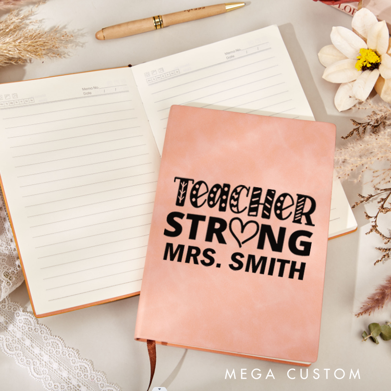 Personalized Leather Notebook Teacher Strong Design Bold Heart and Patterned Text Theme Inspiring Gift for Teachers