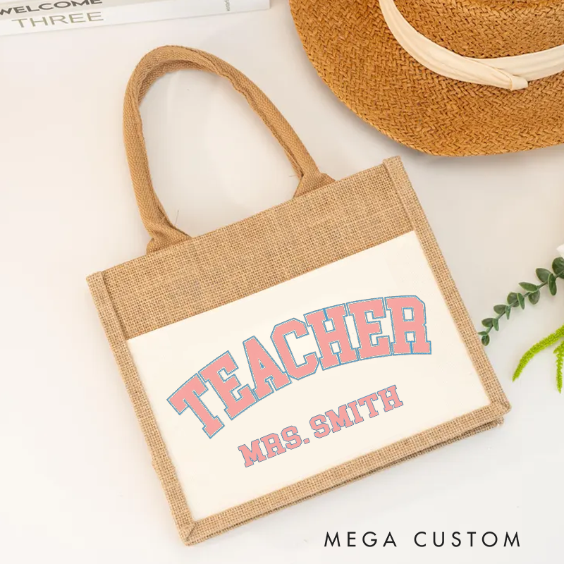 Personalized Teacher Burlap Tote Bag Classic Teacher Minimalist Design Gift for Teachers
