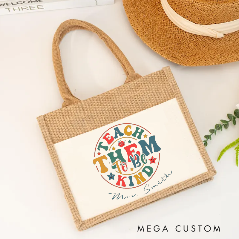 Personalized Teacher Burlap Tote Bag Teach Them to Be Kind Design Colorful Retro Text and Star Heartwarming Gift for Teachers