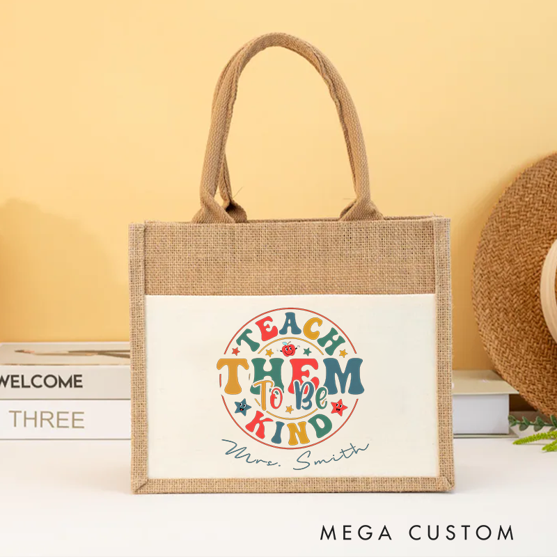 Personalized Teacher Burlap Tote Bag Teach Them to Be Kind Design Colorful Retro Text and Star Heartwarming Gift for Teachers