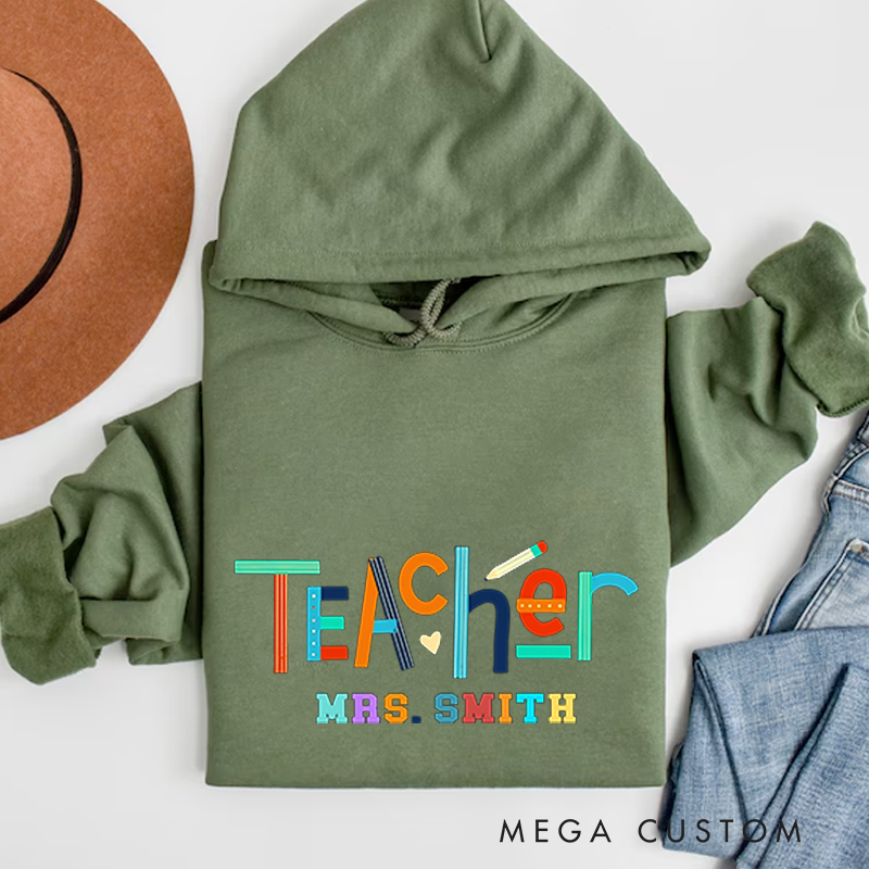 Personalized Teacher Hoodies Colorful Teacher Design Playful Pencil and Heart Elements Theme Vibrant Gift for Teachers