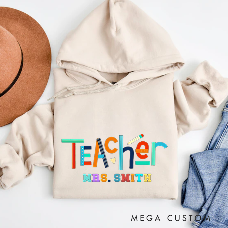 Personalized Teacher Hoodies Colorful Teacher Design Playful Pencil and Heart Elements Theme Vibrant Gift for Teachers