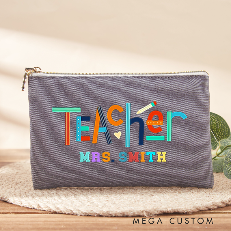 Personalized Teacher Makeup Bag Colorful Teacher Design Playful Pencil and Heart Elements Theme Vibrant Gift for Teachers