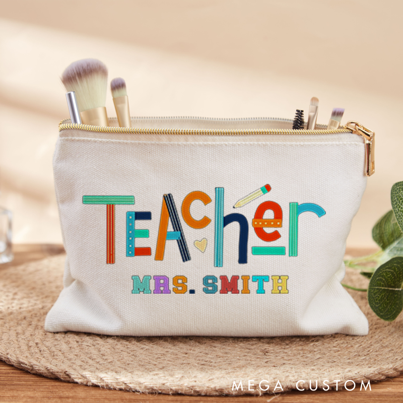 Personalized Teacher Makeup Bag Colorful Teacher Design Playful Pencil and Heart Elements Theme Vibrant Gift for Teachers