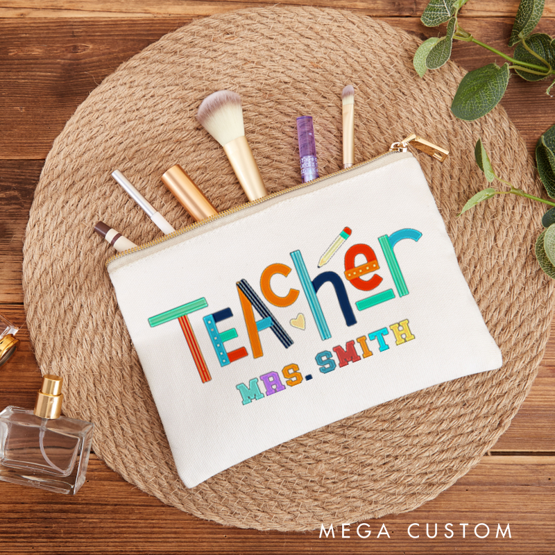 Personalized Teacher Makeup Bag Colorful Teacher Design Playful Pencil and Heart Elements Theme Vibrant Gift for Teachers