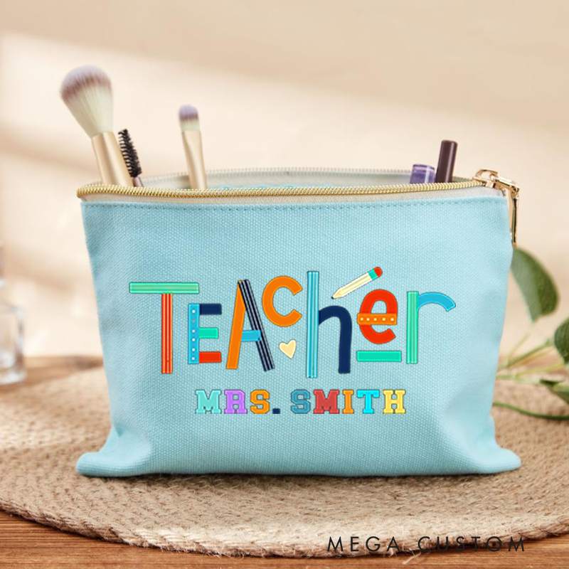 Personalized Teacher Makeup Bag Colorful Teacher Design Playful Pencil and Heart Elements Theme Vibrant Gift for Teachers