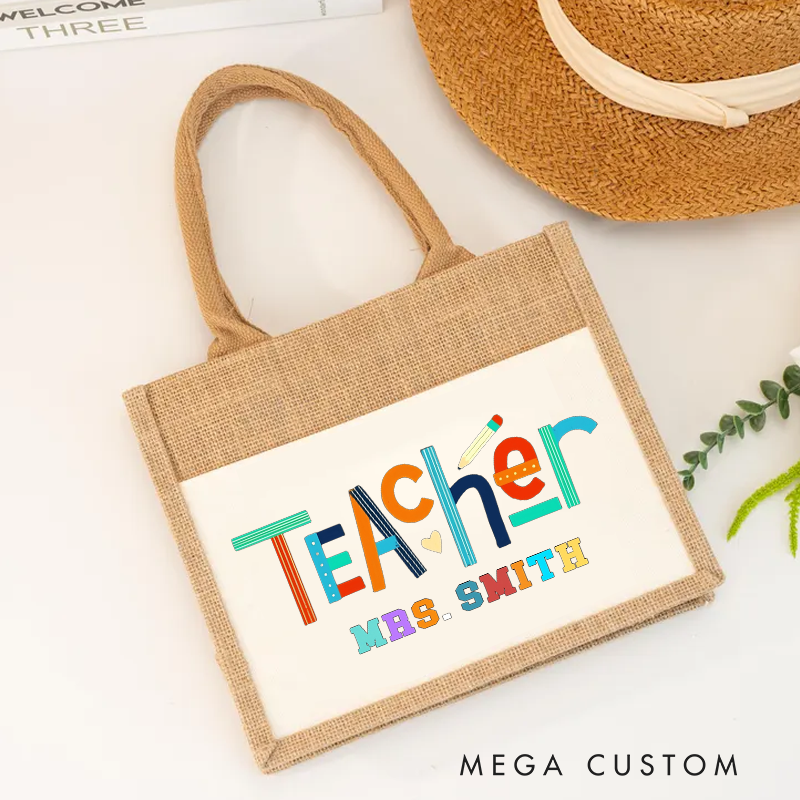 Personalized Teacher Burlap Tote Bag Colorful Teacher Design Playful Pencil and Heart Gift for Teachers