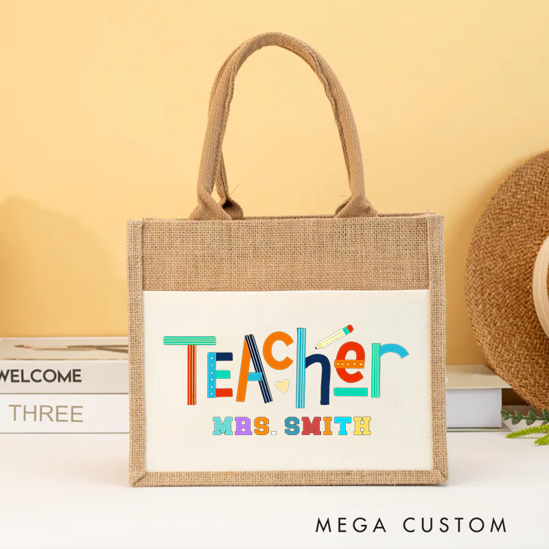 Personalized Teacher Burlap Tote Bag Colorful Teacher Design Playful Pencil and Heart Gift for Teachers