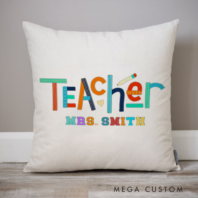 Personalized Teachers Throw Pillow Colorful Teacher Design Playful Pencil and Heart Elements Theme Vibrant Gift for Teachers