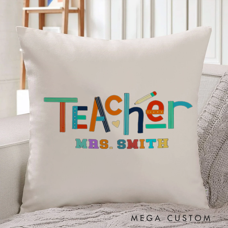 Personalized Teachers Throw Pillow Colorful Teacher Design Playful Pencil and Heart Elements Theme Vibrant Gift for Teachers