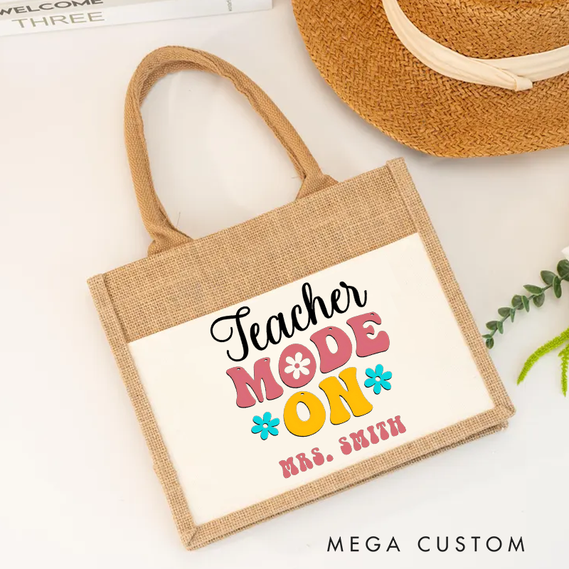 Personalized Teacher Burlap Tote Bag Teacher Mode on Design Retro Flora Fun Gift for Teachers