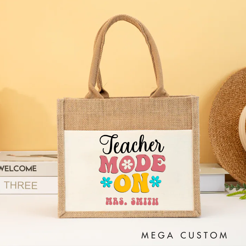 Personalized Teacher Burlap Tote Bag Teacher Mode on Design Retro Flora Fun Gift for Teachers