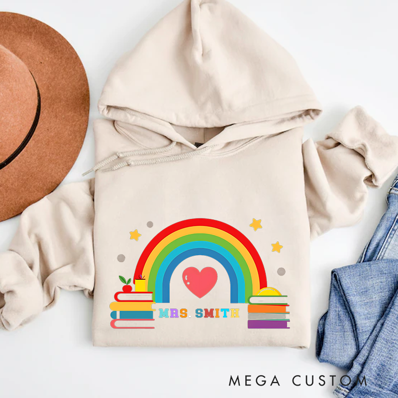 Personalized Teacher Hoodies Rainbow and Books Design Heartwarming Colors and Star Elements Cheerful Gift for Teachers