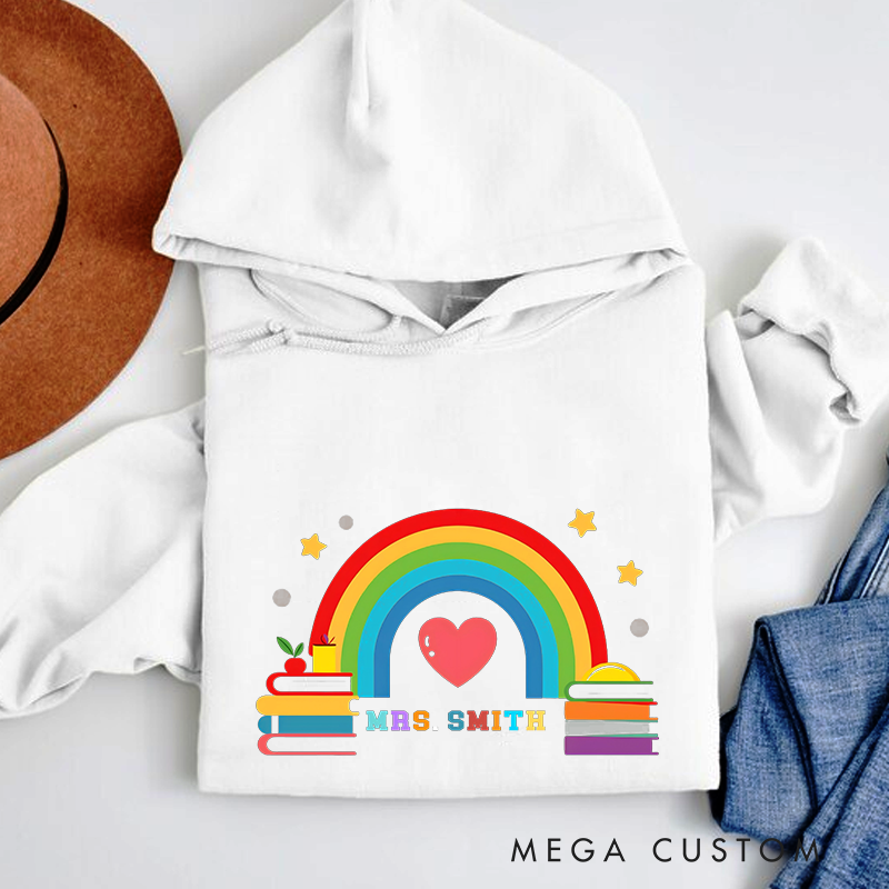 Personalized Teacher Hoodies Rainbow and Books Design Heartwarming Colors and Star Elements Cheerful Gift for Teachers